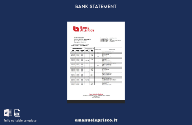 modello word di estratto conto bancario Honduras Banco Atlantida in stile verifi